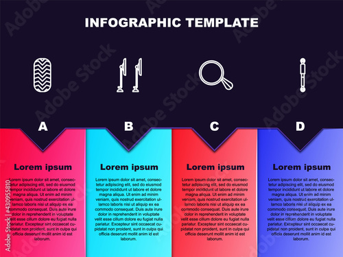 Set line Car tire, Windscreen wiper, mirror and Shock absorber. Business infographic template. Vector
