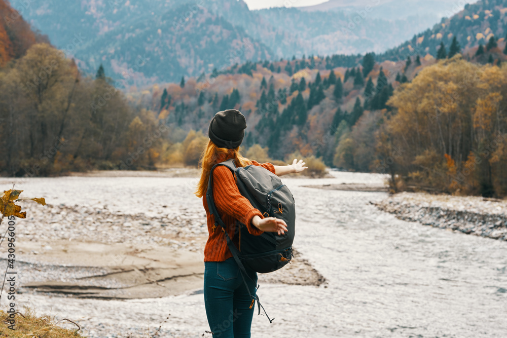 woman hiker mountains landscape autumn river fresh air woman hiker mountains landscape autumn river fresh air