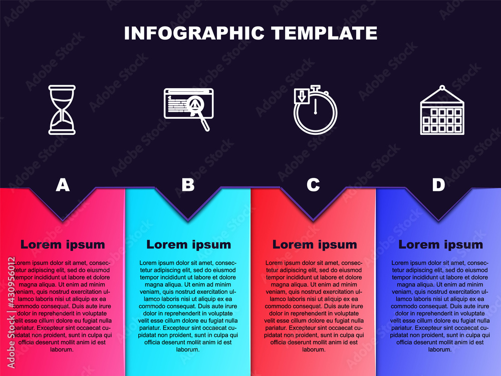 Set line Hourglass, System bug concept, Stopwatch and Calendar. Business infographic template. Vector Set line Hourglass, System bug concept, Stopwatch and Calendar. Business infographic template. Vector