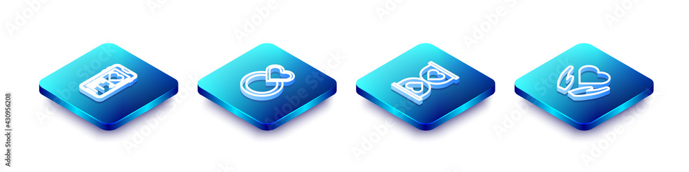 Set Isometric line Mobile with heart, Wedding rings, Heart the center hourglass and hand icon. Vector Set Isometric line Mobile with heart, Wedding rings, Heart the center hourglass and hand icon. Vector