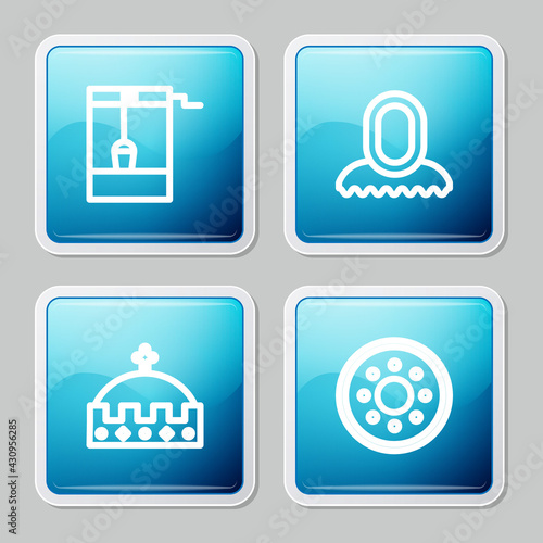 Set line Well with bucket, Medieval hood, King crown and Round wooden shield icon. Vector