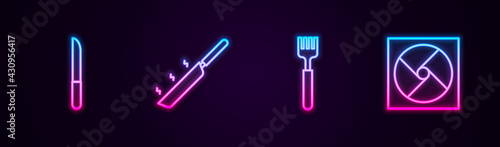 Set line Knife, Frying pan, Fork and Ventilation. Glowing neon icon. Vector
