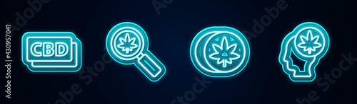 Set line Cannabis molecule, Magnifying glass and marijuana, Herbal ecstasy tablets and Head with or cannabis. Glowing neon icon. Vector