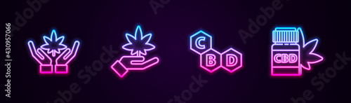 Set line Marijuana or cannabis leaf, , Cannabis molecule and Medical bottle with marijuana. Glowing neon icon. Vector