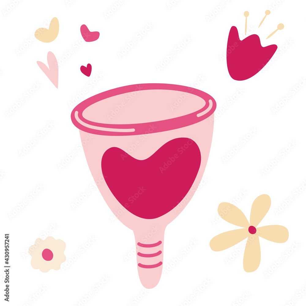 Menstrual cup. Zero waste supplies for personal hygiene. Eco protection for woman in critical days. Washable menstrual cup. Sustainable lifestyle.  Vector Illustrations for websites, stores, and apps.
