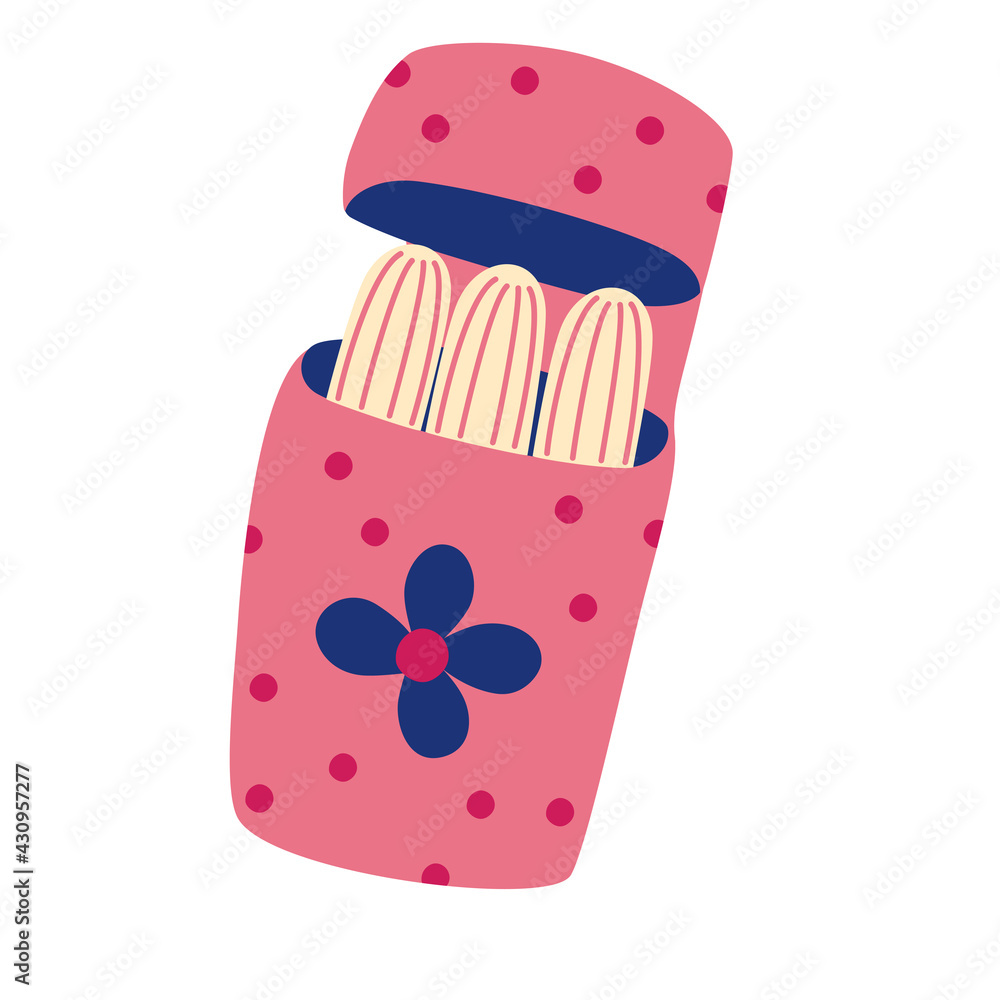 Women hygienic tampons. Tampons sealed in cute plastic packaging. Flat  design cartoon style illustration feminine hygiene products. Lady pink  tampons. Stock-Vektorgrafik | Adobe Stock
