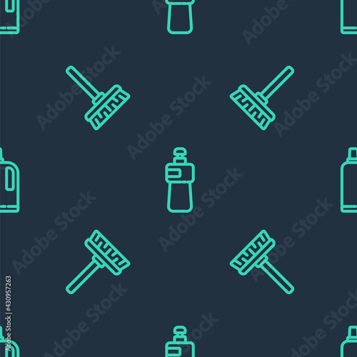 Set line Dishwashing liquid bottle, Handle broom and Fabric softener on seamless pattern. Vector