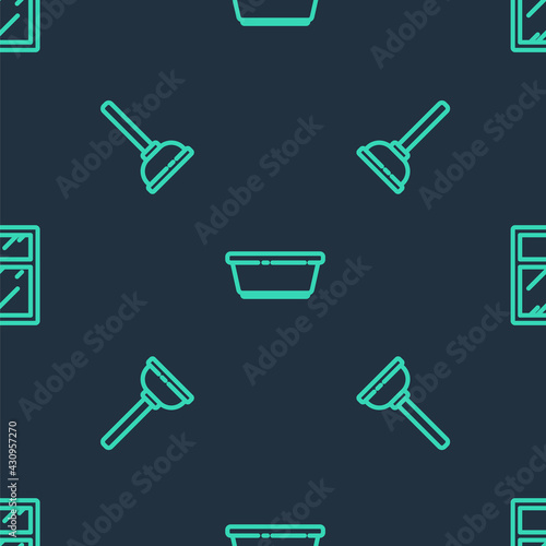 Set line Plastic basin, Rubber plunger and Cleaning service for windows on seamless pattern. Vector