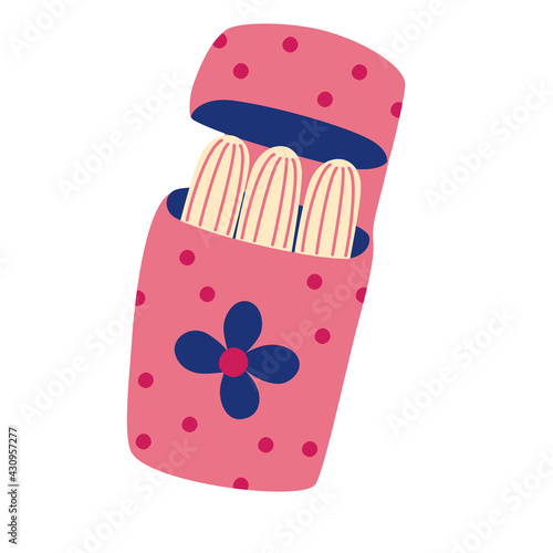Women hygienic tampons. Tampons sealed in cute plastic packaging. Flat design cartoon style illustration feminine hygiene products. Lady pink tampons.