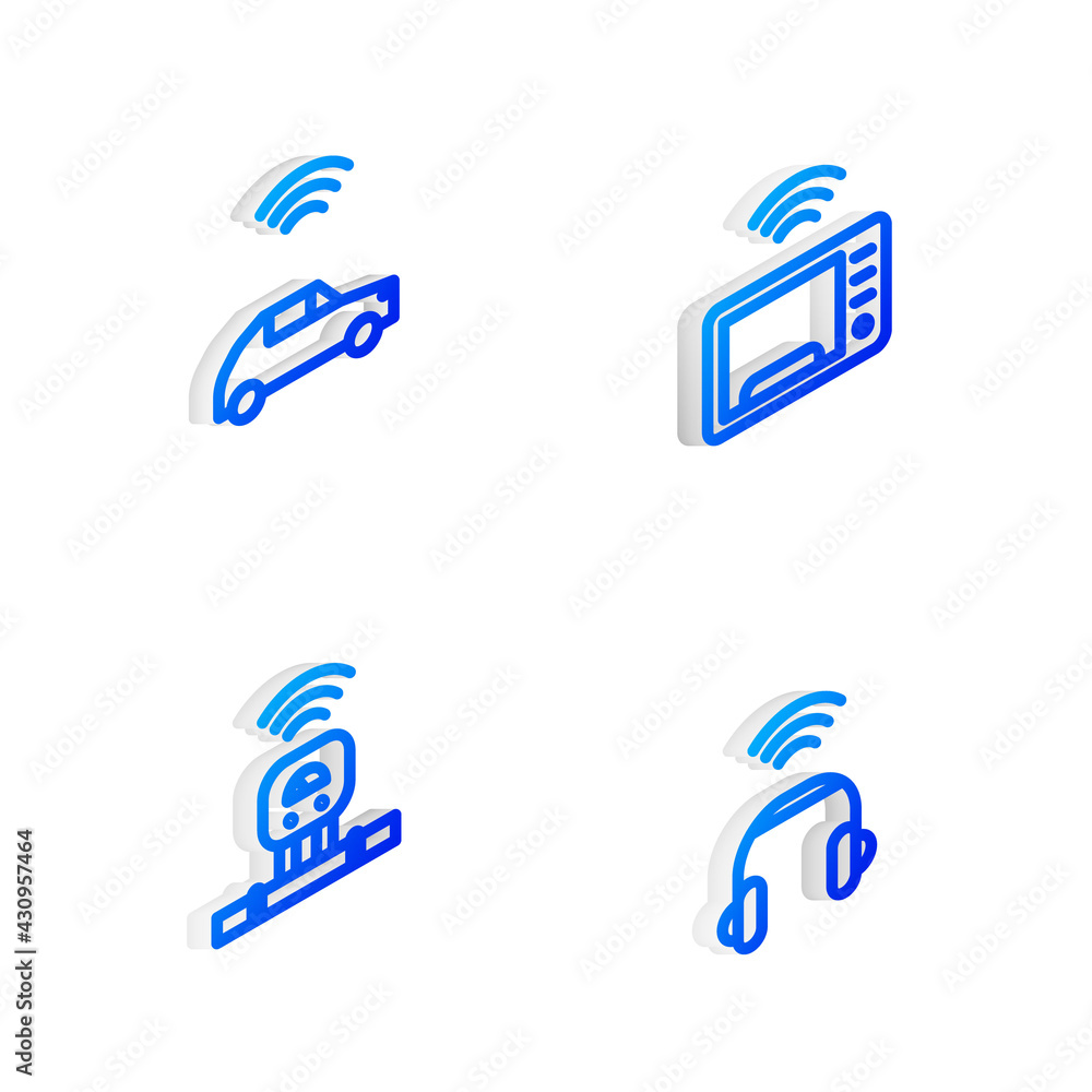 Set Isometric line Smart microwave oven, car system with wireless, sensor and headphones icon. Vector Set Isometric line Smart microwave oven, car system with wireless, sensor and headphones icon. Vector