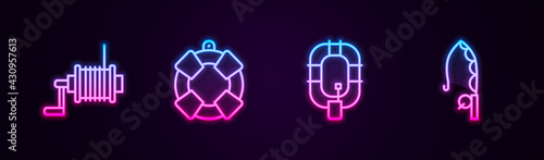 Set line Spinning reel for fishing, Lifebuoy, Inflatable boat and Fishing rod. Glowing neon icon. Vector