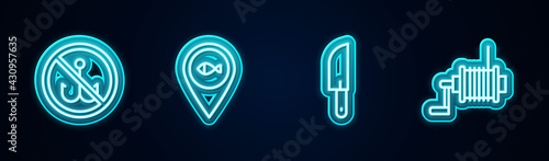 Set line No fishing, Location, Knife and Spinning reel for. Glowing neon icon. Vector