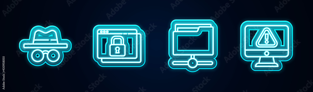 Set line Incognito mode, Secure your site with HTTPS, SSL, FTP folder and Monitor exclamation mark. Glowing neon icon. Vector Set line Incognito mode, Secure your site with HTTPS, SSL, FTP folder and Monitor exclamation mark. Glowing neon icon. Vector