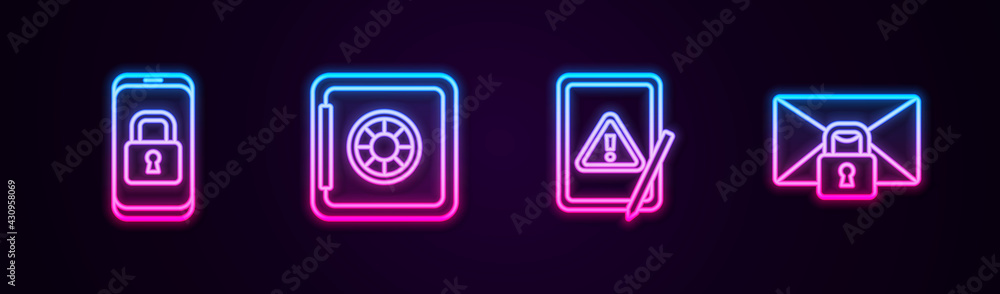 Set line Mobile with closed padlock, Safe, Tablet exclamation mark and Mail message password. Glowing neon icon. Vector Set line Mobile with closed padlock, Safe, Tablet exclamation mark and Mail message password. Glowing neon icon. Vector