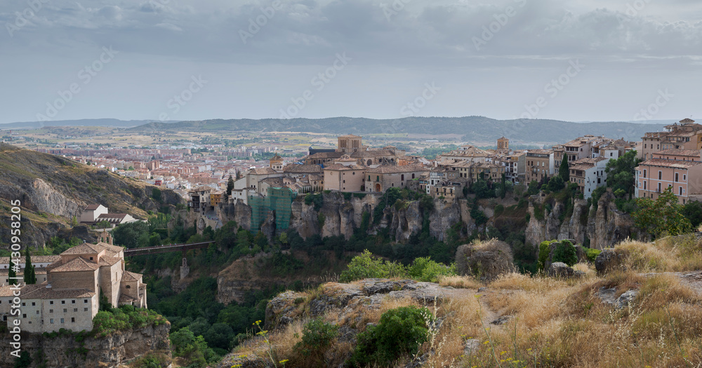 Panoramic views of the city of Cuenca, Spain, with de Cathedral, hanging houses and the Saint Paul convent