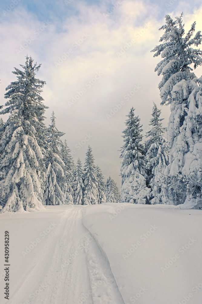 Winter in the mountains, mountain road covered with snow.
