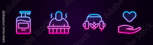 Set line Bottle of liquid soap, Sauna and spa procedures, Headphones for meditation and Heart in hand. Glowing neon icon. Vector