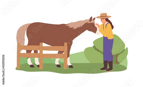 Happy female farmer caressing friendly horse on farm in summer. Young woman and domestic animal in village. Colored flat vector illustration isolated on white background