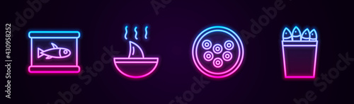 Set line Canned fish, Shark fin soup, Caviar on plate and Fishing bucket with fishes. Glowing neon icon. Vector