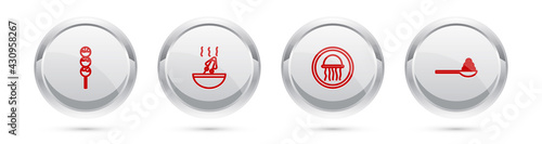 Set line Takoyaki on a stick, Soup with octopus, Jellyfish plate and Caviar spoon. Silver circle button. Vector