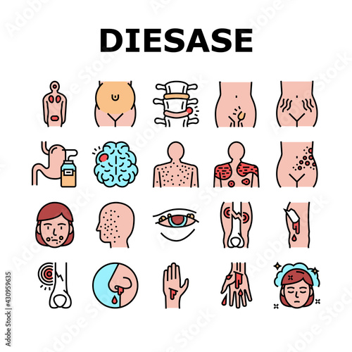 Disease Health Problem Collection Icons Set Vector. Open And Closed Limb Fracture, Nose And Arterial Bleeding, Herpes And Acne Disease Concept Linear Pictograms. Contour Illustrations
