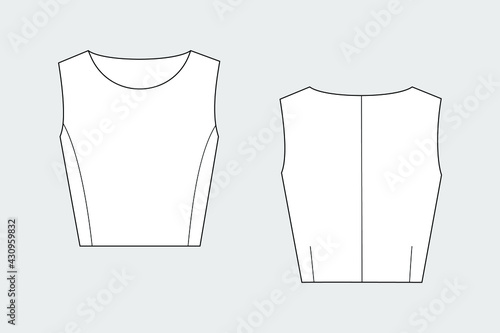 Female tank top vector template isolated on a grey background. Front and back view. Outline fashion technical sketch of clothes model.