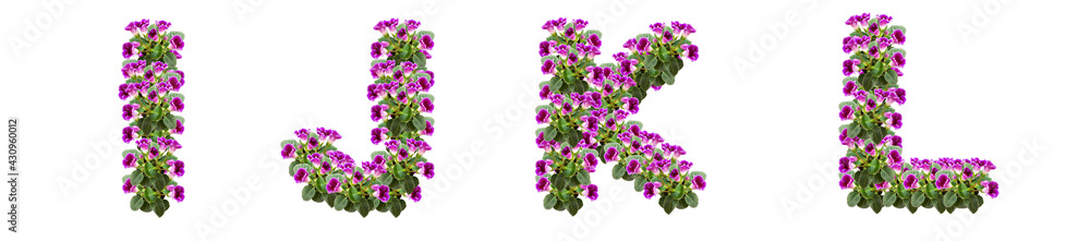 The letters I, J, K, L are made of purple flowers and leaves The letters I, J, K, L are made of purple flowers and leaves