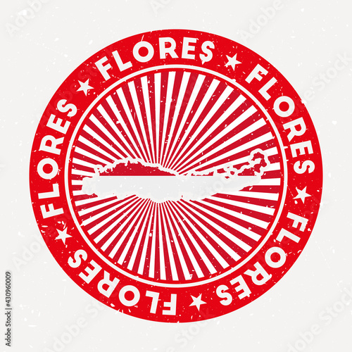 Flores round stamp. Logo of an island with a flag. Vintage badge with circular text and stars, vector illustration.