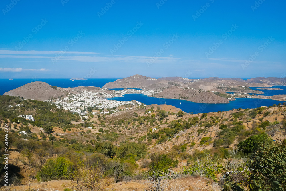 Panoramic view to Skala village. Patmos island. Greece.