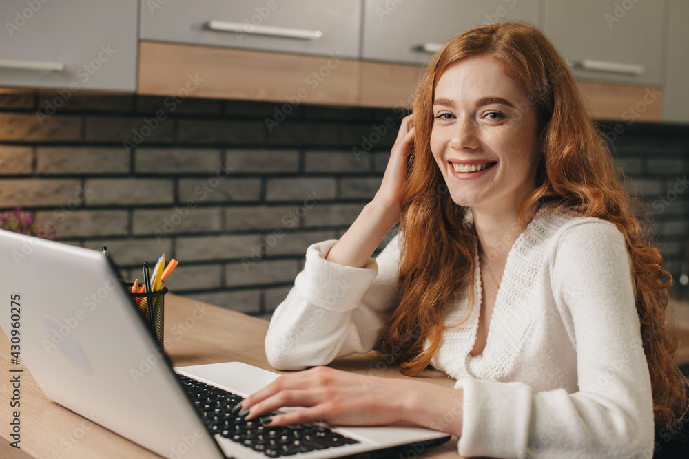 Ginger woman with freckles smiling at camera while working at the laptop in the kitchen Ginger woman with freckles smiling at camera while working at the laptop in the kitchen