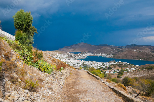 Panoramic view to Skala village. Patmos island. Greece.