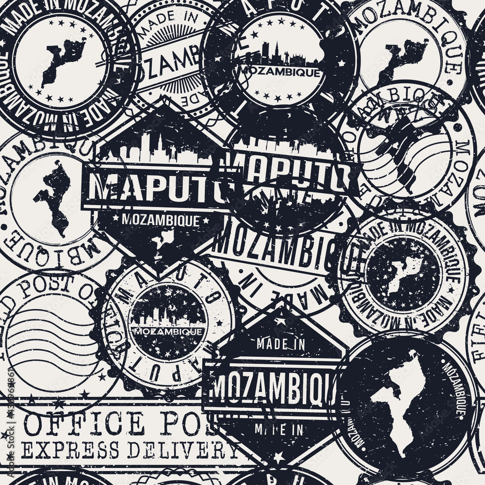 Maputo, Mozambique Pattern of Stamps. Travel Passport Stamps. Made In Product. Design Seals in Old Style Insignia Seamless. Icon Clip Art Vector Collection.
