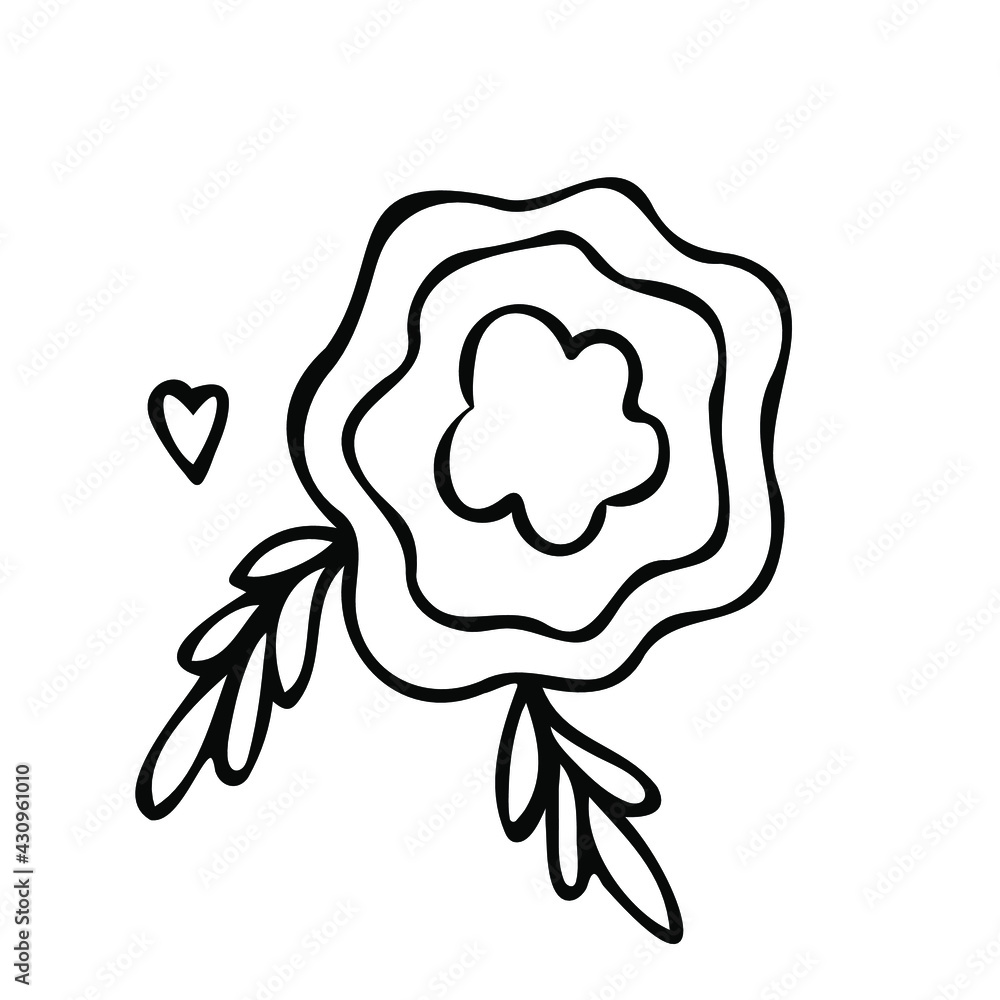 Fototapeta premium Cute flower doodle in hand drawn simple style. Floral vector of childish drawing flower and leaves elements for design isolated on white background. Black ink line art