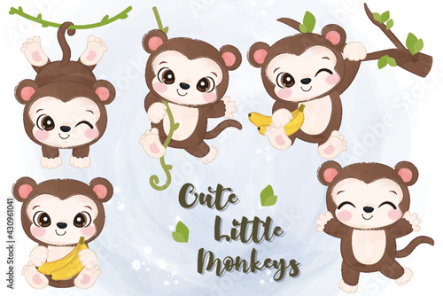 Cute little monkeys collection in watercolor perfect for nursery decoration