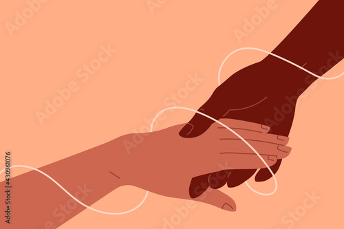 Anti-racism helping concept. Two strong and brave hands holding together, allyship to support a world with more solidarity, equal justice and opportunity, collaboration, racial equality. A thread bind