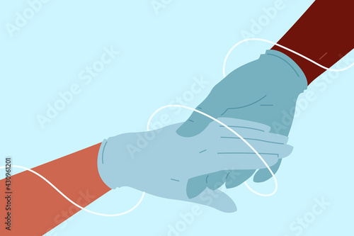 Medical helping concept. Two strong and brave nurse or patient hand holding together, cooperation to support a world with universal healthcare, collaboration, racial equality. Thread binds the parts.