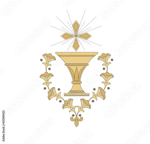 GOLD EMBROIDERY FOR LITURGICAL CLOTHES AND SACRED CEREMONIES. SACRED CATHOLIC SYMBOLS IN ANCIENT STYLE WITH GOLDEN DECORATIONS
