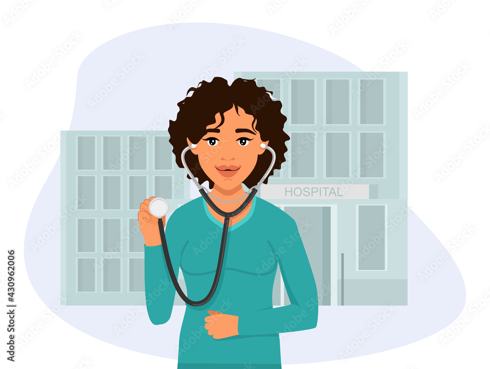 Medical worker, the doctor stands holding a stethoscope in his hands. The hospital is in the background. Virus and flu treatment and counseling. Medical worker, the doctor stands holding a stethoscope in his hands. The hospital is in the background. Virus and flu treatment and counseling.