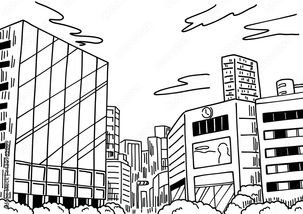 シンンプルな手描きの繁華街ビルの線画背景イラスト Stock Illustration Adobe Stock