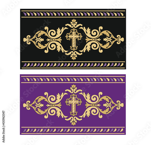 GOLD EMBROIDERY FOR LITURGICAL CLOTHES AND SACRED CEREMONIES. SACRED CATHOLIC SYMBOLS IN ANCIENT STYLE WITH GOLDEN DECORATIONS
