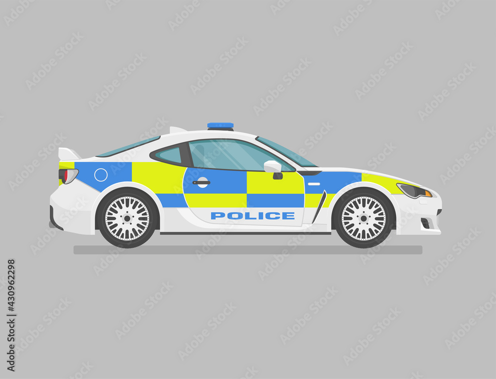English police super car. Side view. Cartoon flat illustration. Auto for graphic and web English police super car. Side view. Cartoon flat illustration. Auto for graphic and web