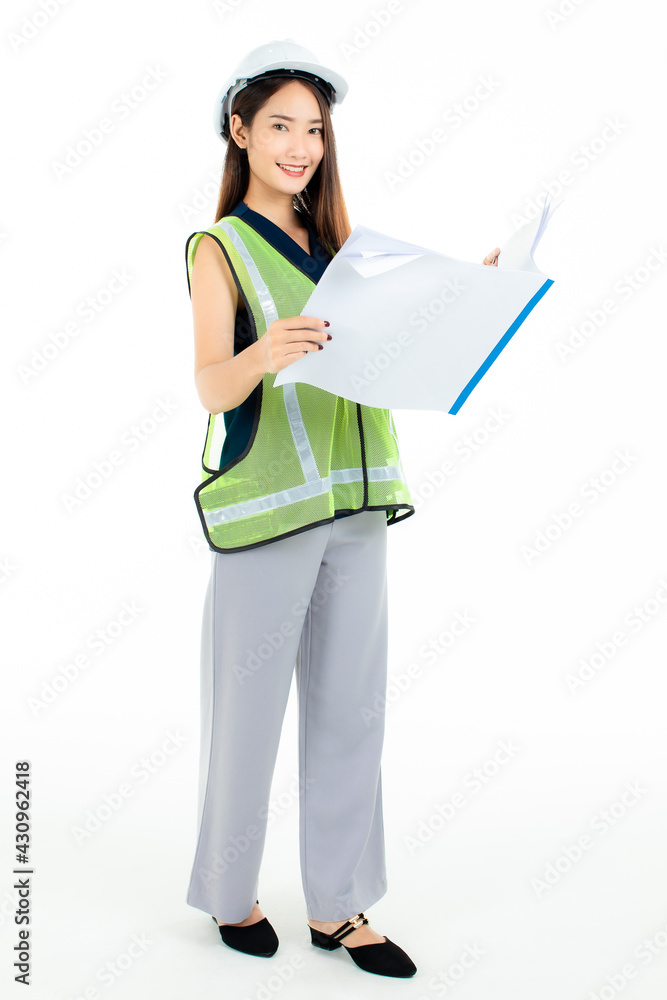 Asian female engineer reading draft Asian female engineer reading draft