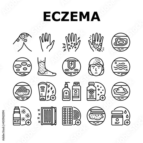 Eczema Disease Treat Collection Icons Set Vector. Nummular And Neurodermatitis Eczema Treatment, Dry Skin And Pain, Contact And Atopic Dermatitis. Black Contour Illustrations