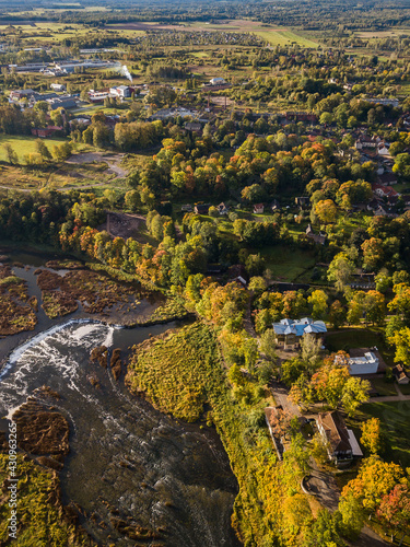 Aerial view of Kuldiga town in sunny autumn morning, Latvia.