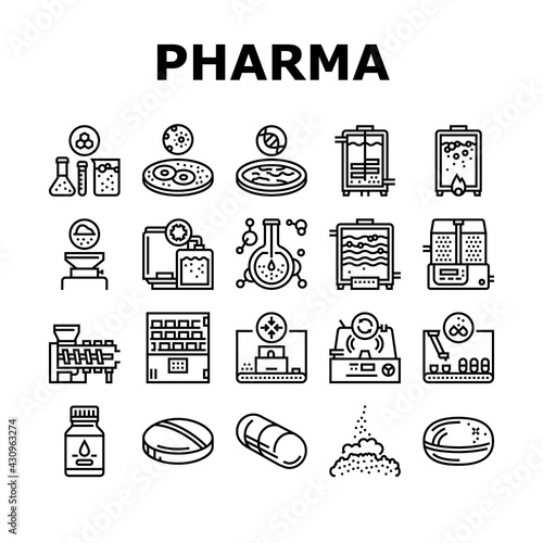 Pharmaceutical Production Factory Icons Set Vector. Laboratory Manufacturing Pharmaceutical Product, Tablet Drug And Capsule, Powder And Pills Black Contour Illustrations