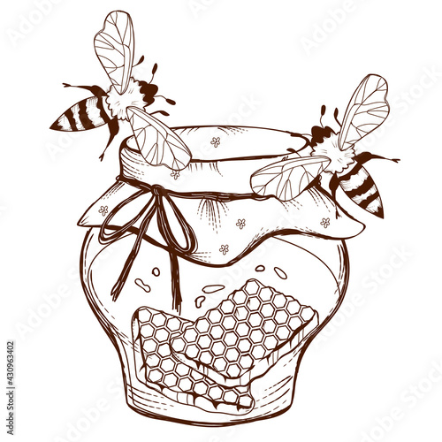 Hand drawn jar of honey with honeycombs with bees, engraving vector illustration isolated on white background. Honey image for packs and prints in monochrome engraving style.