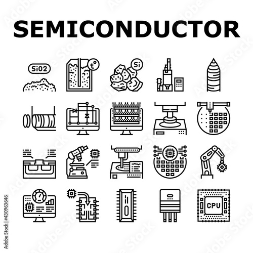 Semiconductor Manufacturing Plant Icons Set Vector. Installation Semiconductor On Board And Testing, Test Computer Screen And Digital Equipment Black Contour Illustrations