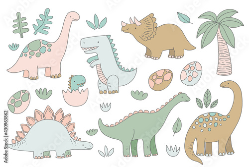 Cute dinosaurs. Set of vector illustrations with cartoon dinosaurs, plants, eggs, palm. Posters, invitations, nursery decor, children apparel.