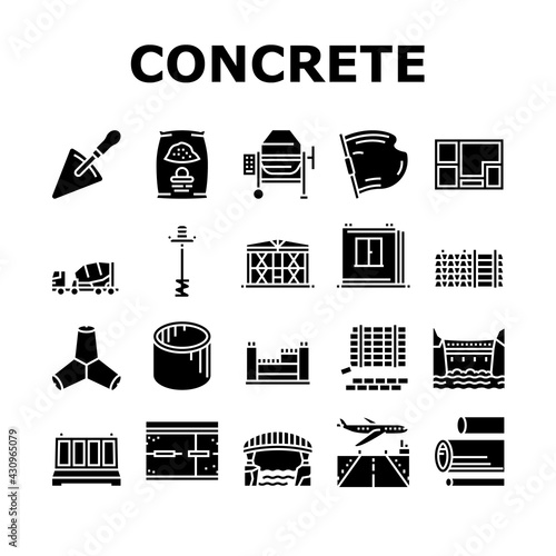 Concrete Production Collection Icons Set Vector. Road And Foundation Concrete, Cement Bag And Spatula Tool, Bridge And Airport Runway Building Glyph Pictograms Black Illustrations