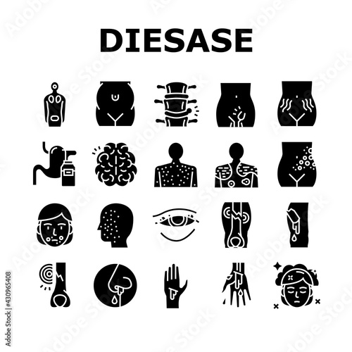 Disease Health Problem Collection Icons Set Vector. Open And Closed Limb Fracture, Nose And Arterial Bleeding, Herpes And Acne Disease Glyph Pictograms Black Illustrations